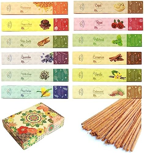 Aroma Valley Incense Sticks Variety Pack – Traditional Hand-Rolled Masala Incense – 12 Scents – 100 Sticks – Gift Set