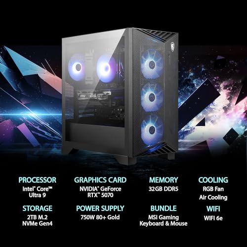 Image of msi Aegis R2 AI Gaming Desktop: Intel Core Ultra 9 285, GeForce RTX 5070, 32GB DDR5, 2TB M.2 NVMe SSD, ARGB Fan Air Cooling, USB Type C, VR-Ready, Windows 11 Home: C2NVP9-2069US