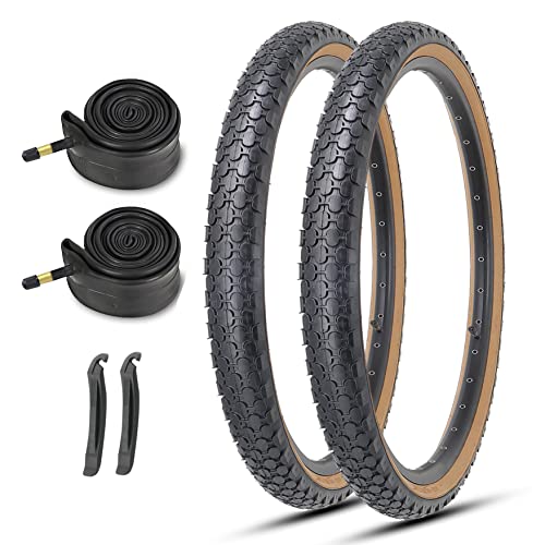 MOHEGIA 26 Inch Cruiser Bike Tires Replacement Set with 2 Pack 26x2.125 Inch Folding Bicycle Tires,Tubes and Tire Levers for Beach Cruiser City Bikes/Brown Side Wall