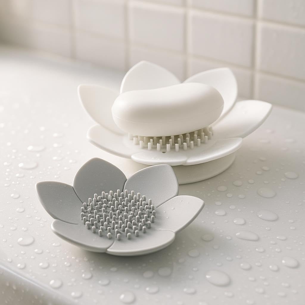 2 Pcs Lotus Shower Steamer Holder, White & Gray Shower Steamer Tray, Non-Slip Silicone Soap Holder with Self Draining, Elegant Flower Shape Soap Dish for Bathroom Counter Kitchen Sink