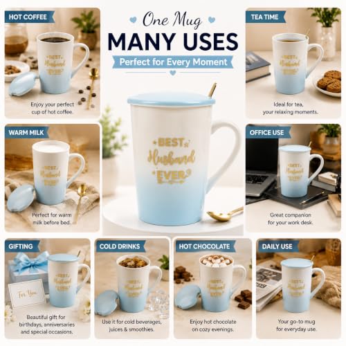 Image of ZAICUS Best Husband Ever Coffee Mug with Lid & Spoon, Gift for Husband | Suitable for Hot & Cold Beverages | Ceramic Mug | Elegant White & Blue Finish