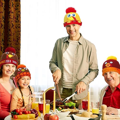 4 Pcs Turkey Pom Pom Beanie Hat Thanksgiving Funny Beanie Turkey Hat Turkey Knitted Cap for Kids Baby Adults Men Women Dress up Costume Running Winter Cosplay4
