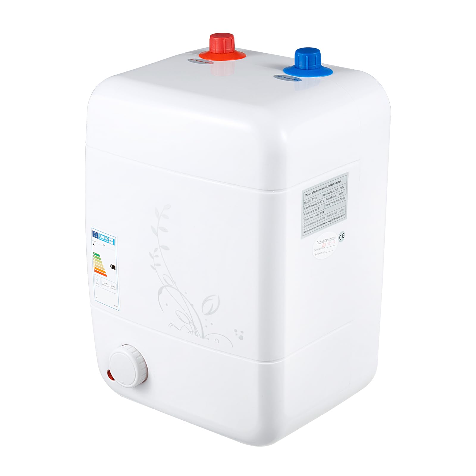 Petit chauffe-eau résistant à la pression, 10 l, 1500 W, chauffe-eau sous table avec tuyau d'évacuation de 30 à 65 °C, chauffe-eau réglable pour la cuisine et la salle de bain