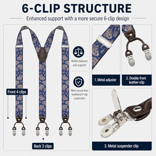 Image of Men's Heavy Duty Y-Back Suspenders, 6 Strong Metal Clips Adjustable Elastic Straps for Work, Tuxedos, and Daily Wear