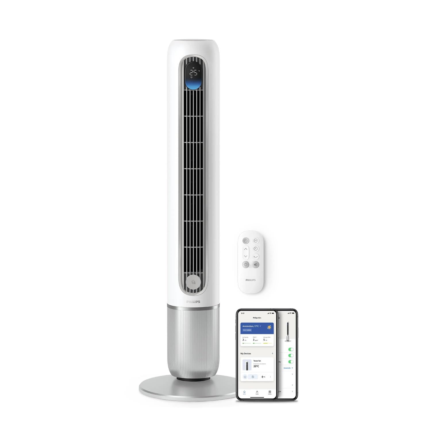 Philips Ventilador de torre inteligente serie 7000 – 8,4 m/s, ultra silencioso 22 dB, eficiencia energética, aplicación y mando a distancia, WiFi, 12 niveles, modo de suspensión, indicador de