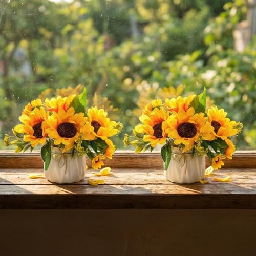 Image of Dekorly Artificial Lavender Plant in White Pot, 18cm - Realistic Faux Flower Arrangement for Home & Office Decor (Set of 1) (2, Sunflower)