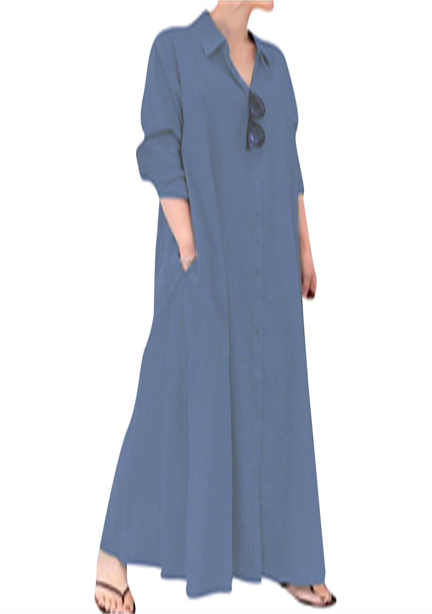 OMZIN Manica Lunga delle Donne Lapel Lino Maxi Shirt Dress Casual Button Down Loose Long Bluse Dresses Plus Size
