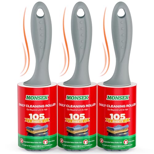 MONSEK 4X Extra Sticky Lint Roller for Pet Hair, Lint Rollers 315 Sheets Mega Value Set, Pet Hair Remover with 3 Upgraded Handle 3 Rollers, Portable Lint Remover for Clothes, Furniture, Dog & Cat Hair