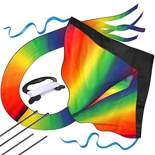 Riesiger Regenbogen-Leichtwinddrache mit 50m Drachenschnur - Lenkdrachen für Kinder - Kinder-Drachen - Flugdrachen Einleiner mit eBook zum Download - Fliegt wie 'ne Eins auch bei leichter Brise