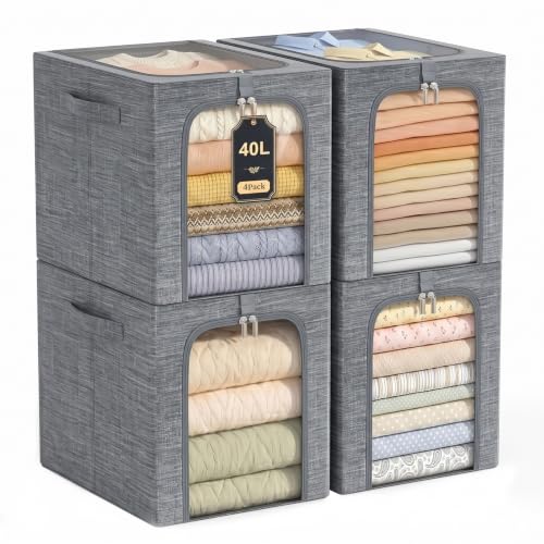 GoMaihe Clothes Storage Bins with Metal Frame for Closet, 40L 4-Pack Grey