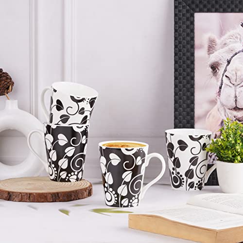Image of Dandy Lines Conical with Black and White Leaves, Ceramic Coffee Mug Set, Pack of 4, Microwave & Dishwasher Safe, Great for Home Use & Gifting
