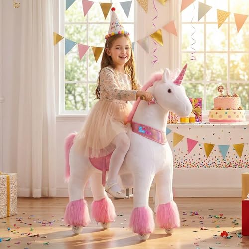 Image of PonyCycle Large Unicorn Ride on Horse Toys for Girls (with Brake / 42.5 inch Height /Size 5 for Age 7-12) Ride on Toys Riding Unicorn Pony Rider Walking Animal Plush Gifts Pink Ux502
