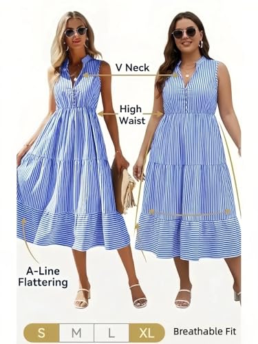 Image of BROVAVE Womens 2026 Summer Sleeveless Shirt Dress Collar Striped V Neck Casual Midi Dresses
