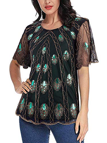 Vijiv Women's 1920s Vintage Beaded Evening Top Art Deco Scalloped Hem Peacock Sequin Embellished Blouse Tunic2
