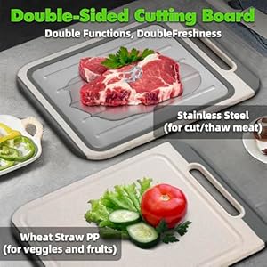 304 Stainless Steel Cutting Board, Cutting Board Double Sided for Kitchen, Wheat Straw PP, Meat Cutting with Diversion Groove & Grater, Anti-Slip, Easy to Clean (9.8" x 14.5") 304 Stainless Steel Cutting Board Cutting Board Double Sided for Kitchen Wheat Straw PP Meat Cutting with Diversion Groove Grater Anti Slip Easy to Clean 98 x 145