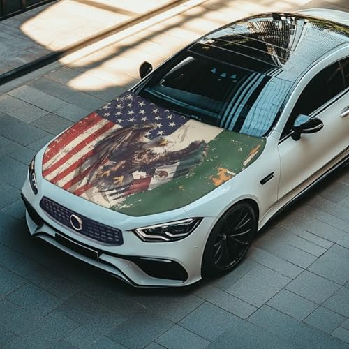 Image of Eagle American and Mexican Flag for Car Hood Cover All Weather Automotive Exterior Accessories Universal Fit Hood Covers for Cars, Trucks, SUV, or Van Full Coverage