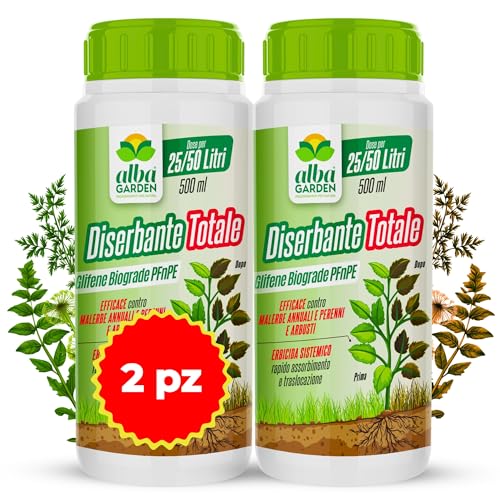 Albagarden - Diserbante Totale Potente 2 x 500 ml - Glifosate Per Erbacce A Azione Sistemica Disseccante- Erbicida Per Diserbo - Seccatutto A Base Di Glifosato Libera Vendita