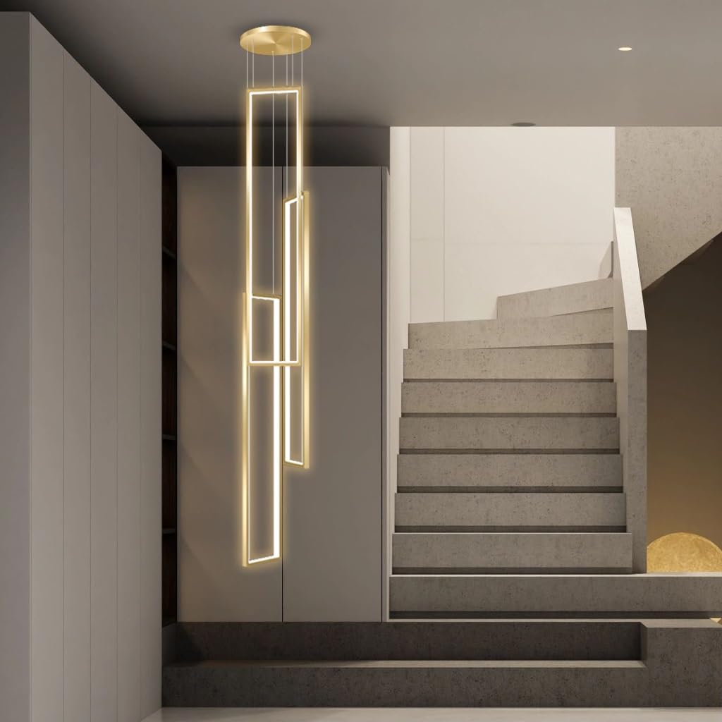 Nowoczesny żyrandol LED na schody: ściemniane oświetlenie wewnętrzne z pilotem, kwadratowy aluminiowy design, idealny do salonu, jadalni i dekoracji