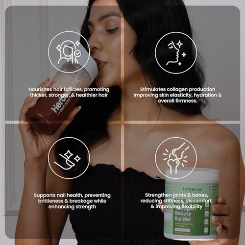 Image of Herbalmax 100% Veg Collagen Beauty Builder 97.5g Plant-Based Collagen Supplement for Hair, Skin, Nails & Joints | With Vitamin C & E | Mixed Fruit Flavour | Naturally Gluten-Free & No Added Sugar