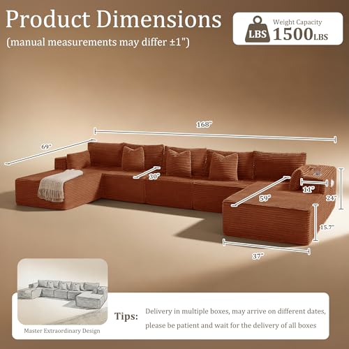Image of 168 inch Cloud Sectional Couch, Comfort U Shaped Sofa for Living Room, Extra Deep Seats No Assembly, Minimalist Modular Couch, Corduroy (Deep Orange, 7 Seats,U-Shape C)