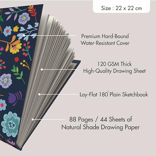 Image of Zaslan - Artist Sketchbook - Square - 120 GSM - Drawing Sketchbook - 88 Pages /44 Sheets - Hard Bound Drawing Book - Size 21.5 x 21.5 cm (Floral Blue Serenity), Paper, oil;acrylic