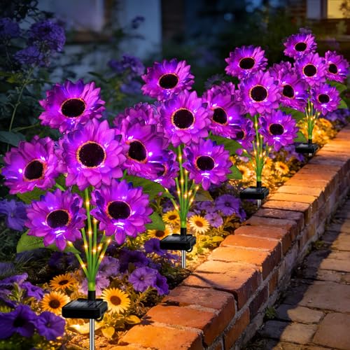 Solar Sunflower Lights Outdoor Garden Decor 4 Pack Solar Purple Flowers Lights with 24 Sunflowers Waterproof Fall Decor Stake Decorative Light Auto ON/Off for Garden Yard Patio Gift for Women
