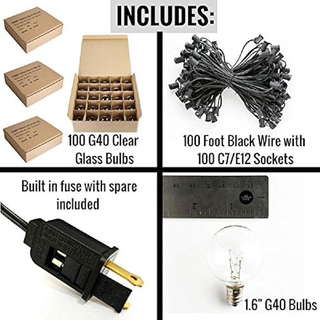 Hometown Evolution, Inc. 100 Foot Globe String Lights - 105 G40 Clear Bulbs (5 Extra) - Black Wire - Outdoor String Lights for Patio Cafe Bistro Deck Backyard Market Party and Wedding Lighting
