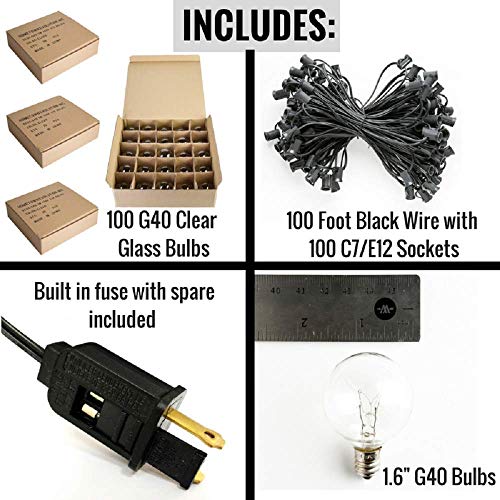 100 Foot Globe String Lights - 105 G40 Clear Bulbs (5 Extra) - Black Wire - Outdoor String Lights for Patio Cafe Bistro Deck Backyard Market Party and Wedding Lighting
