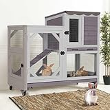 Gutinneen 2-Story Rabbit Hutch Indoor Bunny cage Outdoor Wooden Rabbit Cage House with Chew-Proof Ramp, 2 Leak-Proof Trays, 4 Lockable Wheels for Rabbits, Guinea Pigs, 39.3”L×22”W×36.8”H (Grey)