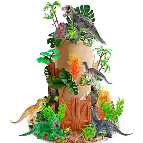 18 PCS Dinosaur Cake Toppers With Dinosaur Eggs Leaves Trees Cake Decorations For Birthday Party Dinosaur Themed Party Wild Animals Party Kids Party Cake Decorations?type1?