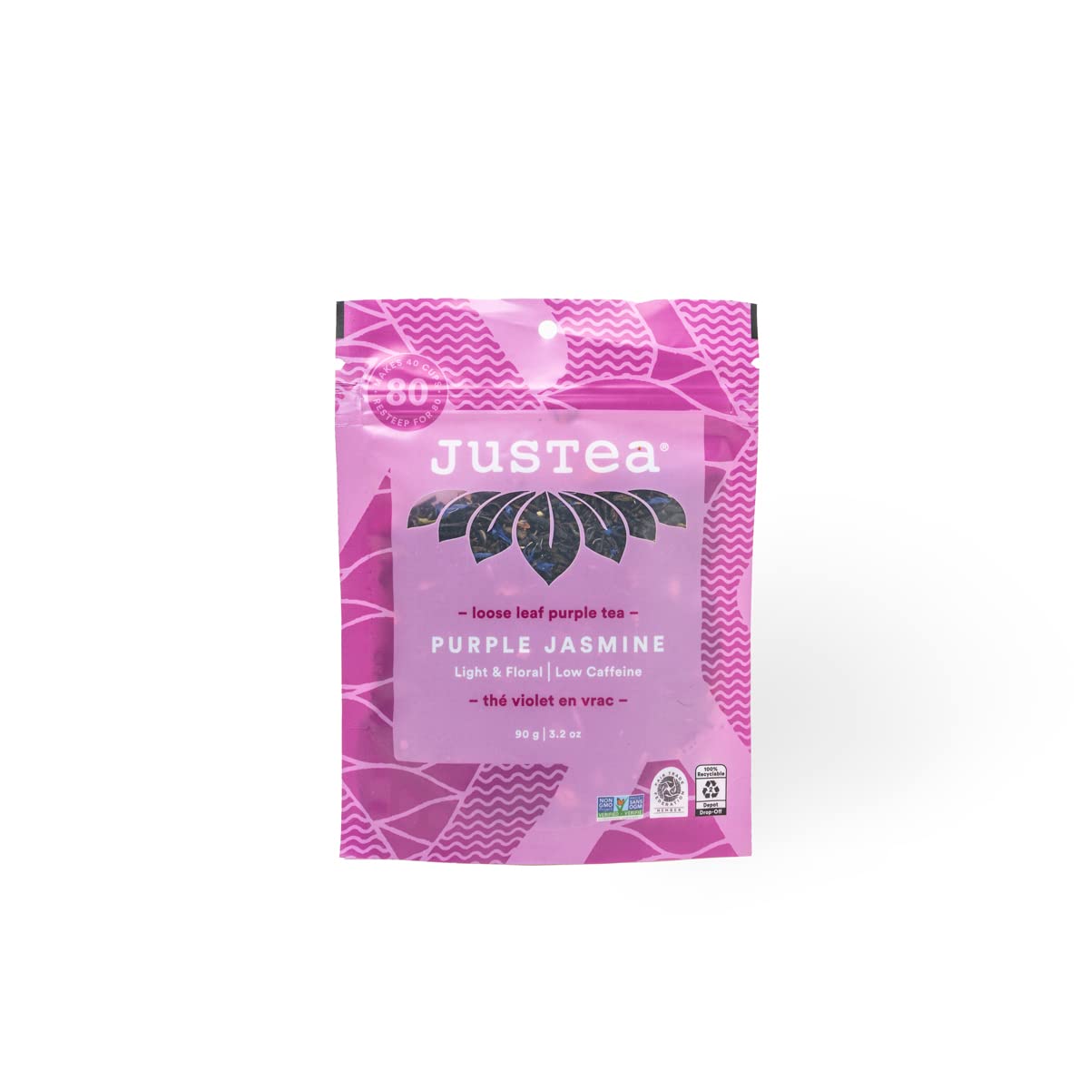 JusTea PURPLE JASMINE | Loose Leaf Purple Tea | Recyclable Refill Pouch | 40+ Cups (3.2oz) | Low Caffeine | Award-Winning | Fair Trade | Non-GMO