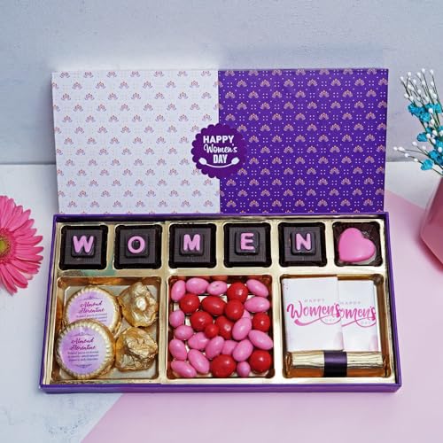 Image of Velvet Fine Chocolates Gift Hamper Sweets blessing chocolates 6 assorted chocolates, 2 almond florentines, 2 almond rocks, 75 gms assorted dragees, 2 chocolates bars, 1 fruit and nut chocolate log