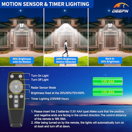 Solar Lights Outdoor, IP66 Waterproof Street Lights Outdoor, 6500K Dusk to Dawn Solar Security Flood Lights Motion Sensor with Remote Control for Yard, Entryway Garage, Porch 4 Pack