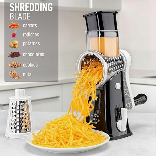 Image of Zulay Kitchen Rotary Cheese Grater 5 Blade Cheese Shredder - Manual Hand Crank Cheese Grater With Reinforced Suction & 5 Interchangeable Drums - Easy to Use, Vegetable Chopper Round Mandoline Slicer