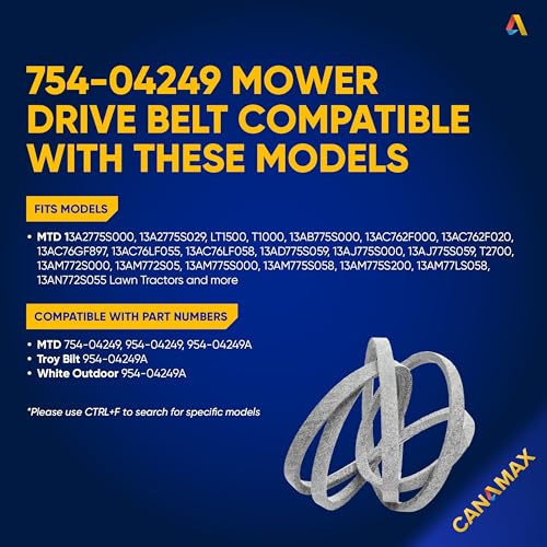 Image of Canamax 754-04249 954-04249A Lawn Mower Drive Belt - Compatible with MTD Troy-Bilt Craftsman Huskee Tractors - Replaces Aramid Cord 71 inch x 0.66 inch Toro 55-7660 Murray 43066 Dixon 539116685 76181-751-003