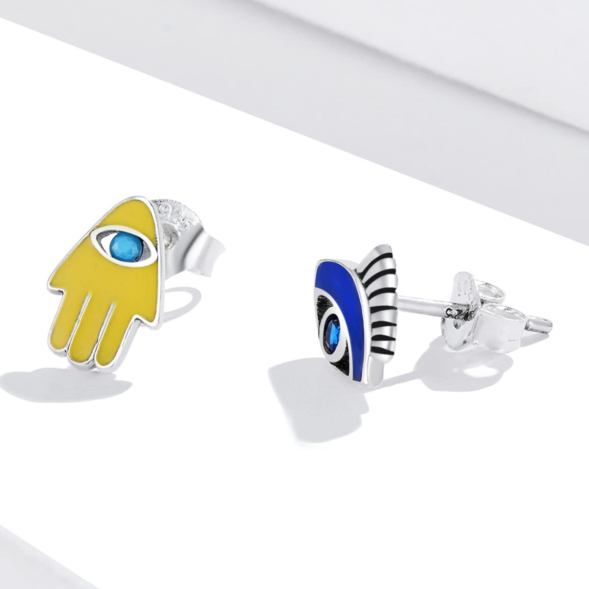 WZGWDC Sterling-Silber-Schmuck, 925er-Sterlingsilber, Dämonenauge und Glückshand-Kombinations-Ohrstecker für Frauen, Trendiger Ohrenschmuck, Party-Geschenk