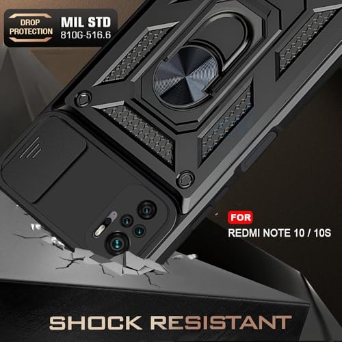 Image of AESTMO Tough Armor Redmi Note 10 / 10S Bumper Back Case Cover | Ring Holder & Sliding Camera Shield Cover | 360 Degree Protection Back Case Cover for Redmi Note 10 / 10S (Black)