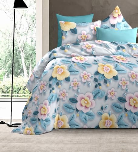 Image of DECOR2ADMIRE 300 TC Premium 7D Print Super King Size Cotton Bedsheet Set with 2 Pillow Covers | Ultra Soft 108 inch x 108 inch | Elegant Floral Designs (Blue Floral Charm)