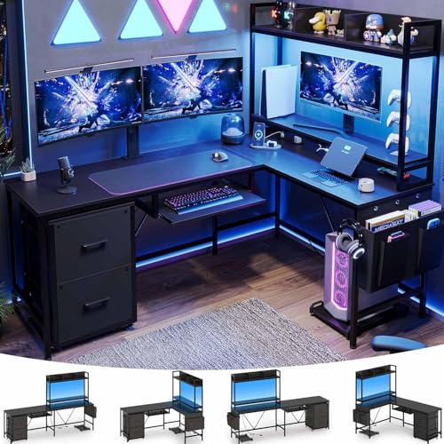 UPOSOJA L Shaped Gaming Desk with Keyboard Tray, Reversible Computer Desk with Power Outlet, Corner...