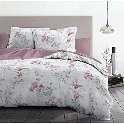 Home Passion Bettbezug, 3-teilig, 100 % Baumwolle, 57 Fäden, 2 Personen, 240 x 260 cm, Weiß & Altrosa