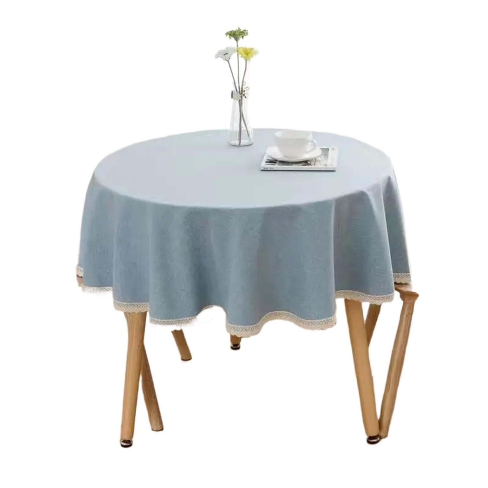 ZNTIHZ Solid Color Round Tablecloth With Lace Cotton Linen Table Cloth Wedding Dining Tea Decoration Cover For Wedding Party Banquet(Light blue,140cm)
