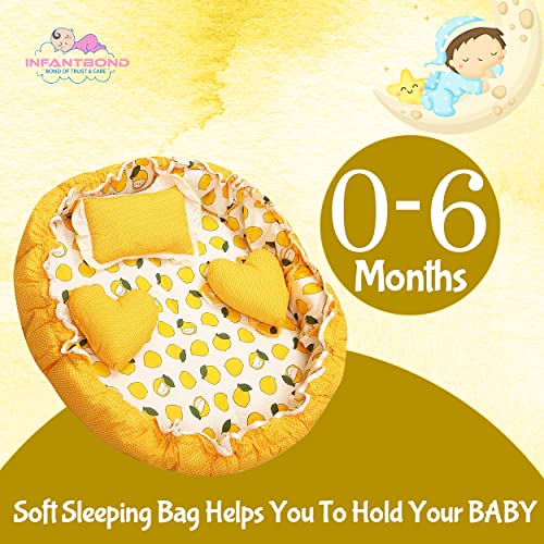 Image of Infantbond Designer Mattress with Net | Baby Sleeping Bag | 4Pcs Bedding Set | 1 Nest (0-6 Months) (Lemon Yellow Nest Set)