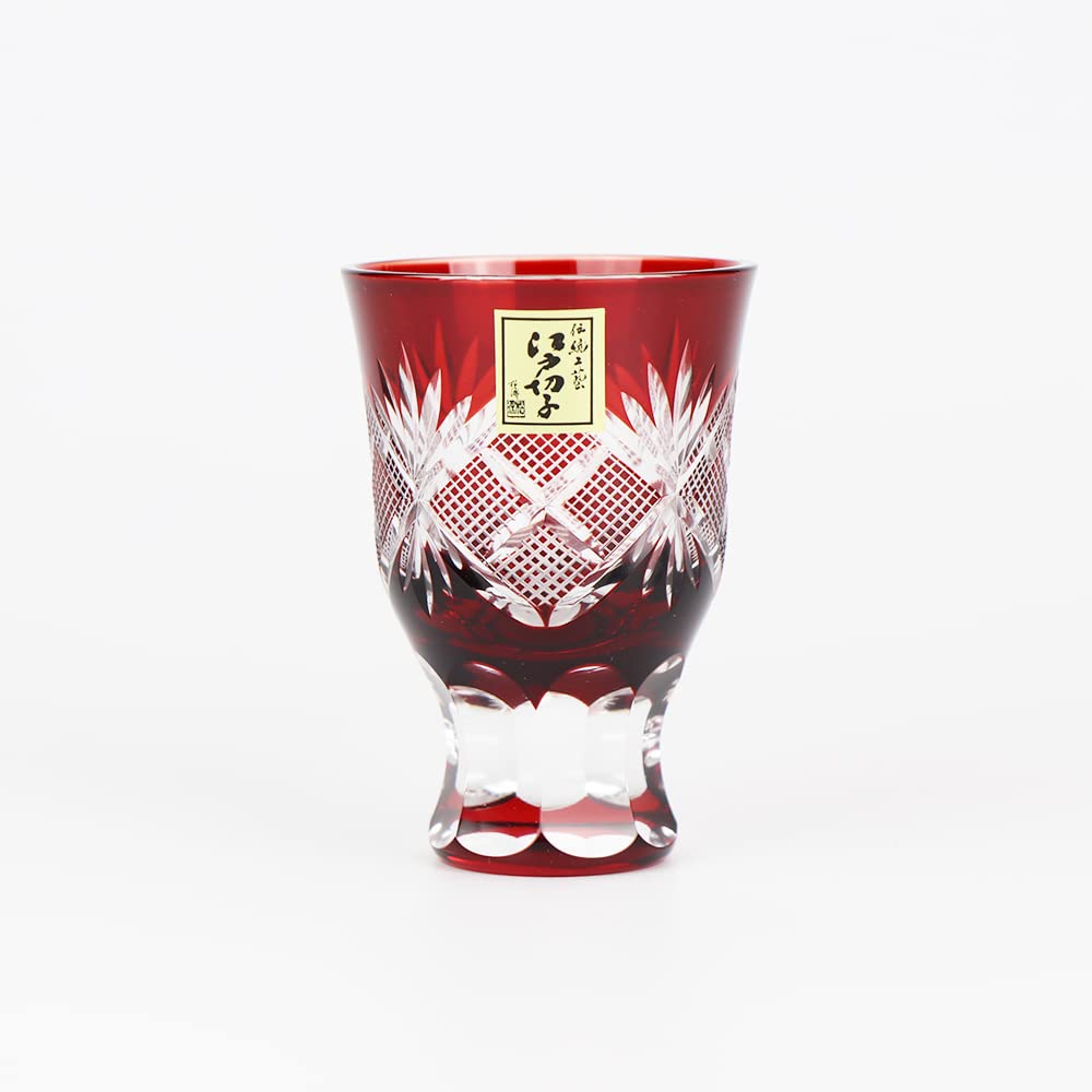 Tajima sake glass Edo Kiriko collection Nanako-mon Red/Blue/Purple-Handmade in Japan (Red)