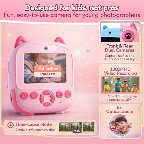 Image of TOYTONIC Instant Photo Camera for Kids with Print - Thermal Printer Toy with Non-Sticky Paper Rolls (1 in-Built + 1 Extra), 1080p Video, Games, Rechargeable - Gift to Boys & Girls Ages 6-12(Assorted)