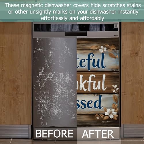 Image of Vintage Wood Board Dishwasher Magnets Decorative Cover,Farmhouse Waterproof Magnetic Dishwasher Cover Panel,Refrigerator Magnet Cover for Kitchen Home Decor 23x26 Inch