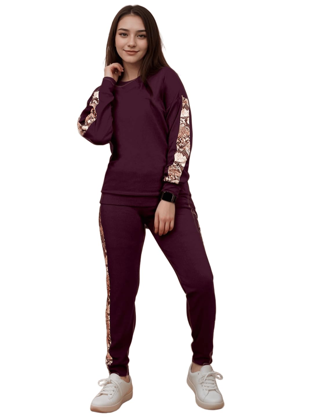 Women’s Stylish Two-Piece Co-Ord Set with Long-Sleeve Round Neck Top and Print Panel Slim-Fit Bottoms. (IN, Alpha, L, Regular, Big, MAROON)-image-20