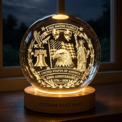 Image of 250 Anniversary Usa Merchandise, Personalized 250th Anniversary Crystal Ball Night Light, Custom 1776-2026 USA LED Lamp, Engraved Patriotic Gift, American Independence Decor Light for Home Desk