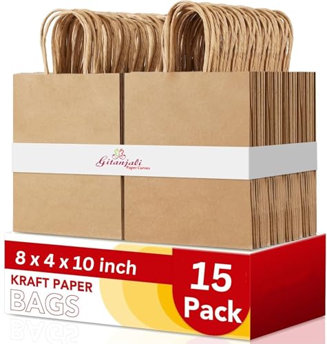Image of Brown Paper Bags 8 inchx10 inchx4 inch 15pcs - Small Shopping Paper Carry Bags - Return Gift Bags - Disposable Recycled Eco Friendly Kraft Bags - Paper Covers (8x10x4 in Brown, Pack of 15)