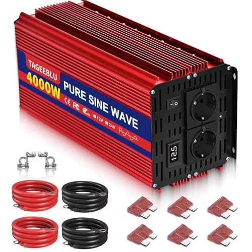 TAGEEBLU 4000W inversor 12v 220v Onda Pura, convertidor 12v 220v con 2 AC Tomas, Pantalla LCD