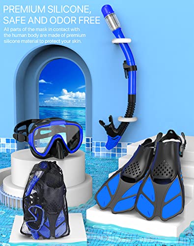 Snorkeling Gear for Adults Men Women,4 in 1 Snorkel Set with Panoramic View Diving Mask Anti-Fog Anti-Leak,Dry Top Snorkel,Fins and Travel Bag for Swimming,Snorkeling and Travel Diving - Image 6